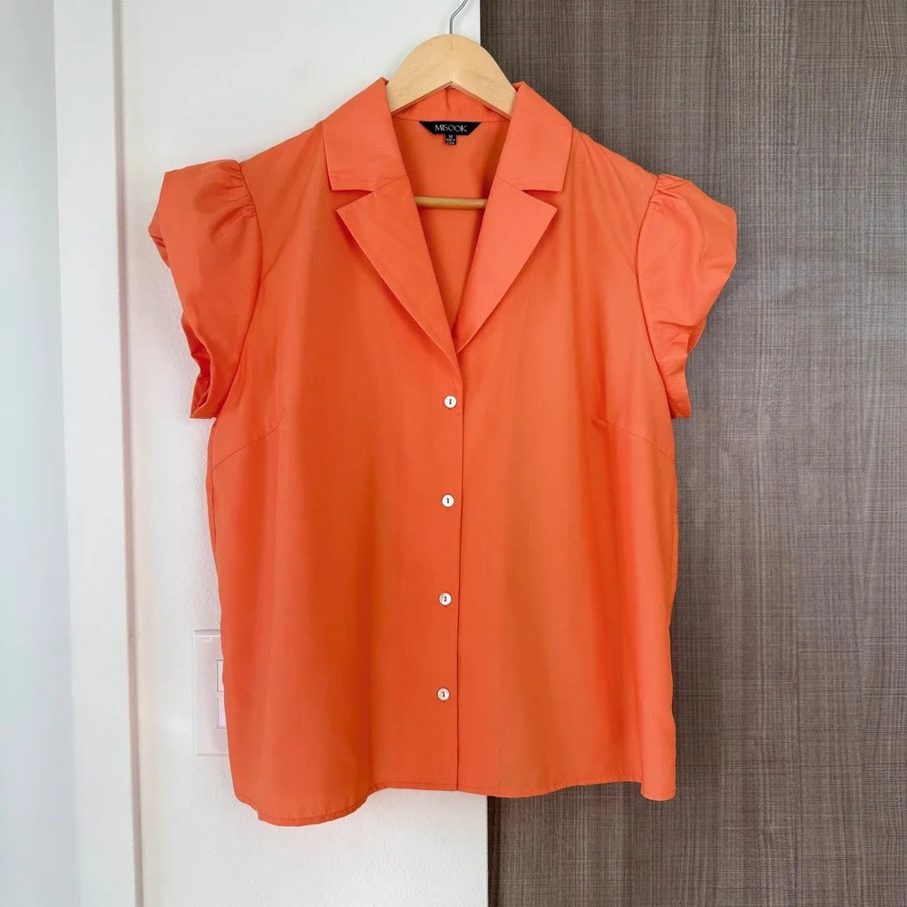 Misook Orange Puff Cap Sleeve Button Down Blouse Collared Size Medium‎